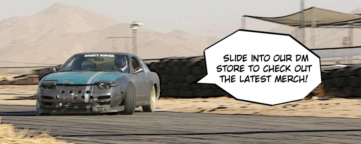 Nissan 240sx drift car with speech bubble saying to visit the store